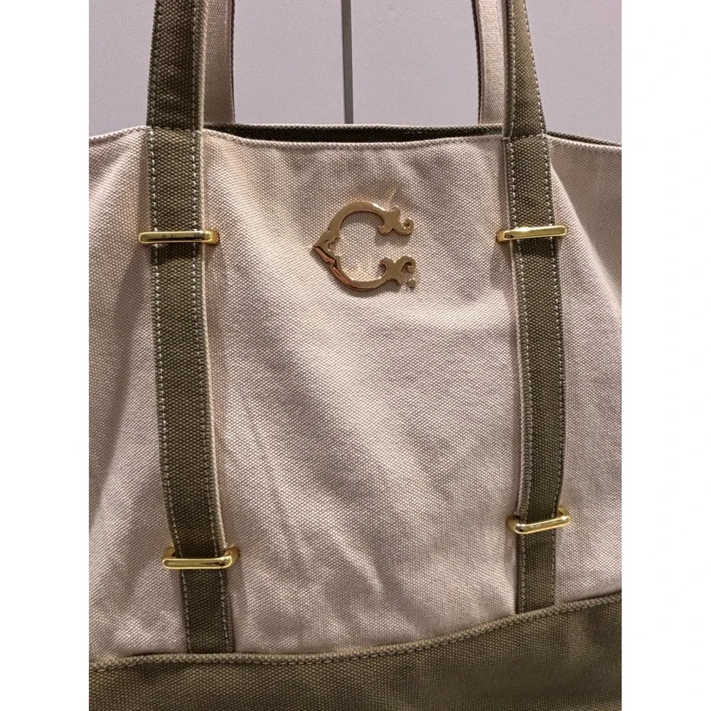 C Wonder Canvas‎ Colorblock Tote Bag Cream Olive Green Gold Logo Large Shopper
